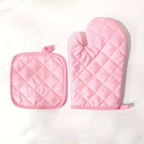 2pcs Pink Checkered Oven Mitt and Pot Holder Set, Left Right Hand Universal Heat-Resistant Gloves and Mat, Pink
