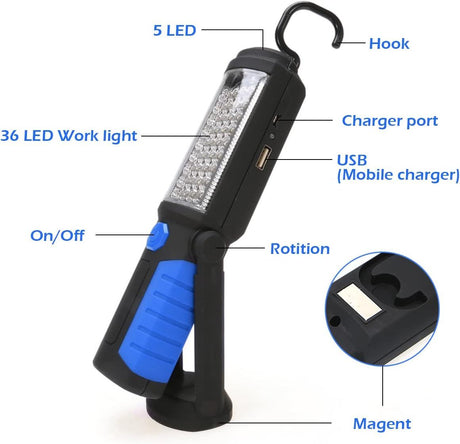 Multi-Function LED Work Light - USB Rechargeable Magnetic Flashlight with 360° Rotation, Waterproof Portable Lantern for Auto Repair, Camping & Emergency