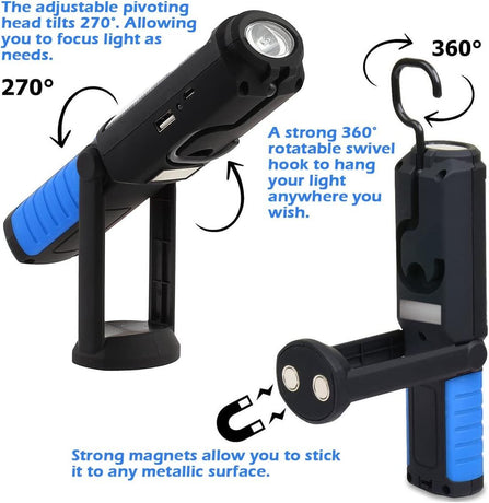 Multi-Function LED Work Light - USB Rechargeable Magnetic Flashlight with 360° Rotation, Waterproof Portable Lantern for Auto Repair, Camping & Emergency