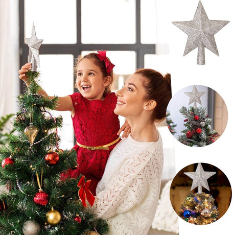 Glitter Christmas Tree Star Topper - 8 Inch Silvery Blue Hollowed-Out Xmas Tree Topper for Holiday Home Decor, Sparkling Tree Top Star Decoration