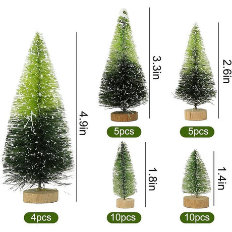 40PCS Mini Christmas Trees, 5 Sizes Artificial Sisal Trees Bottle Brush Xmas Trees with Wooden Base for Xmas Winter Home Table Decoration
