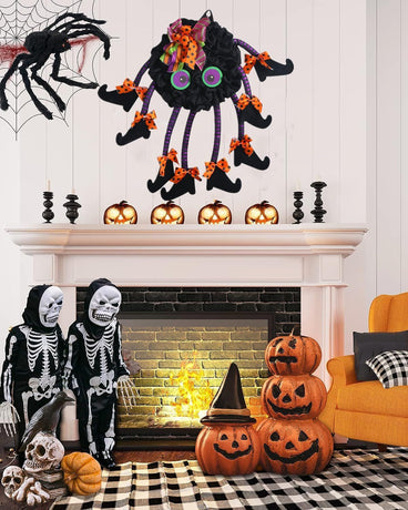 Halloween Spider Wreath for Front Door,Tie Wall Hanging Ornaments Wreath for Holiday Halloween Party Decor