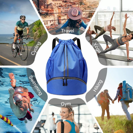 Sports Drawstring Backpack - String Swim Gym Bag with Shoes Compartment and Wet Proof Pocket for Women&Men