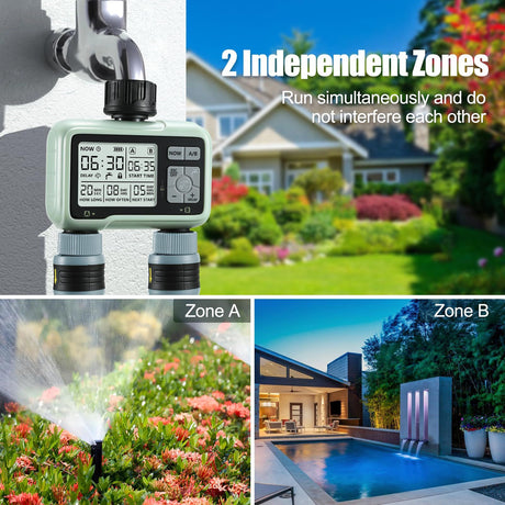 Water Timer for Garden Hose,Sprinkler Timer with Rain Delay/Manual Watering/Automatic Irrigation Controller System 2 Outlet