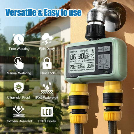 Water Timer for Garden Hose,Sprinkler Timer with Rain Delay/Manual Watering/Automatic Irrigation Controller System 2 Outlet