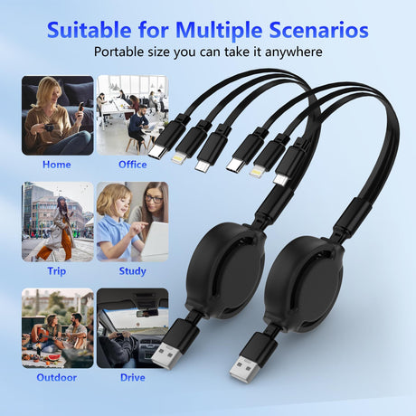 Retractable Multi Charging Cable 2Pack - 3 in 1 Charger for Multiple Devices with Port, Retractable Charging Cor