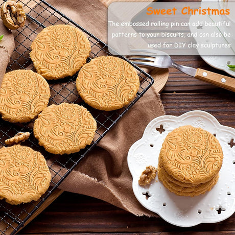Embossed Wooden Rolling Pin for Baking, Deep Engraved Embossing Rolling Pin with Christmas Snowflake Flower Design