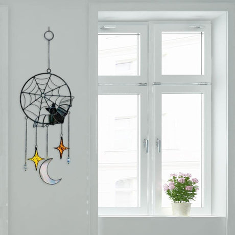 Halloween Pendant Bat Moon Acrylic Window Hanging Pendant, Spooky Bat Suncatcher Wall Art Decoration for Halloween Indoor Outdoo