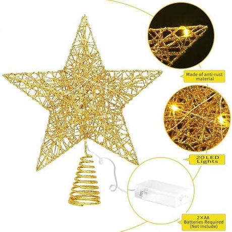 Christmas Tree Topper Star LED ligthts Tree Toppers Christmas Decorations,Gold Glittered Metal Christmas Tree Decorations for Home Party Holiday Winter Xmas Tree Bar Shop Office Decoration