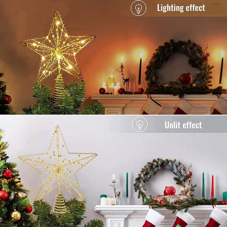 Christmas Tree Topper,10 LEDS 9.84 Inch Christmas Star Tree Topper with Lights Beads,Battery Operated Tree Toppers for Christmas Xmas Tree Holiday Party Decor,Gold Star Warm White