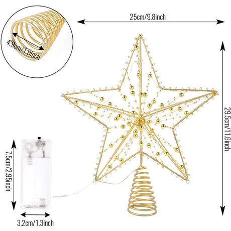 Christmas Tree Topper,10 LEDS 9.84 Inch Christmas Star Tree Topper with Lights Beads,Battery Operated Tree Toppers for Christmas Xmas Tree Holiday Party Decor,Gold Star Warm White