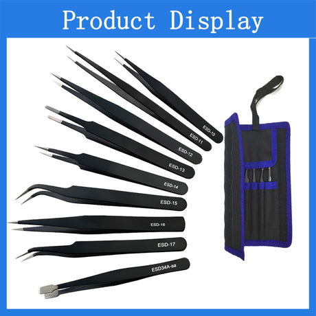9Pcs ESD Tweezers Set Precision Tweezers Set ，Non-magnetic and Anti-Static Stainless Laboratory Work And Used for Beauty Etc