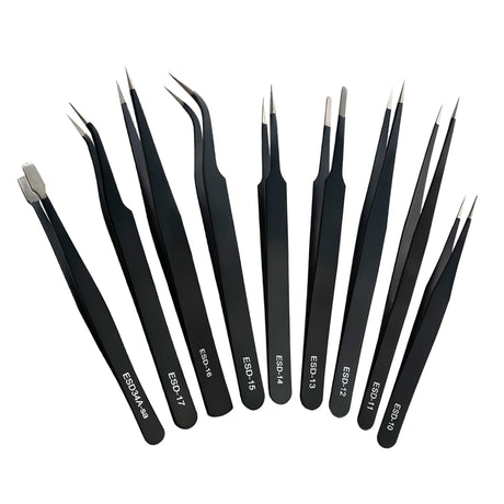 9Pcs ESD Tweezers Set Precision Tweezers Set ，Non-magnetic and Anti-Static Stainless Laboratory Work And Used for Beauty Etc