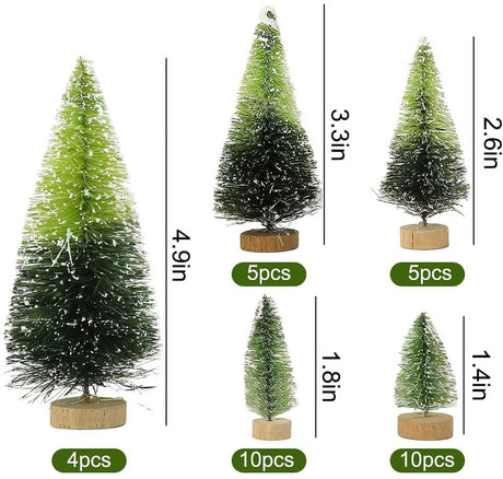 40PCS Mini Christmas Trees, 5 Sizes Artificial Sisal Trees Bottle Brush Xmas Trees with Wooden Base for Xmas Winter Home Table Decoration