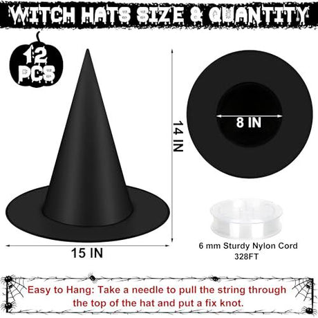 12pcs Floating Witch Hats for Halloween Party Decor, Porch, Yard, Haunted House Spooky Themed Events (black)