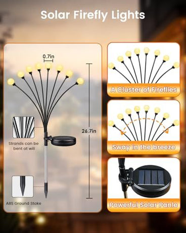 Solar Firefly Garden Lights 48 LED Outdoor Decor for Pathway Yard Patio Party Night Ambience (Warm White)