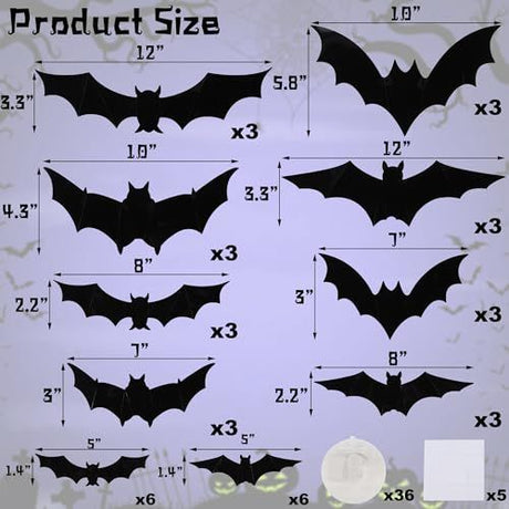 36-Pack Halloween Bat Decorations with LED Lights for Indoor Outdoor Halloween Party Garage Decor (black)