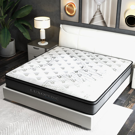 Luxopedic Pocket Spring Mattress 5 Zone 32CM Euro Top Memory Foam Medium Firm - Double - White  Grey