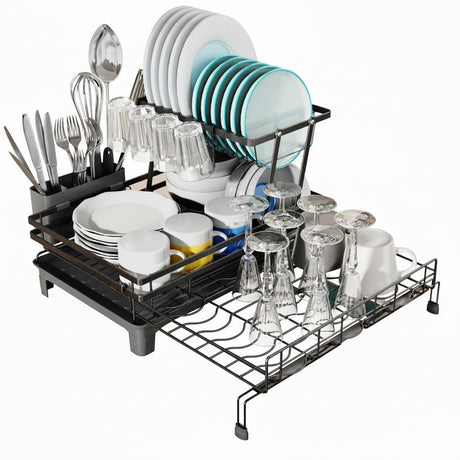 CARLA HOME Expandable Dish Drying Rack with Drainage Spout, Utensil Holder & Drainboardfor Kitchen Countertop Organizer (2 tier)