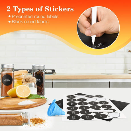 CARLA HOME 24 Glass Spice Jars with Lids, Shaker Tops, 180 Spice Labels, White Pen & Funnel for Kitchen Organization, Spice Rack, Seasoning & Herb Storage