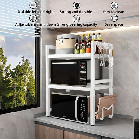 CARLA HOME 3-Tier Microwave Oven Rack with Adjustable Metal Kitchen Shelf Stand for Countertop Storage and 6 Hooks for Utensils