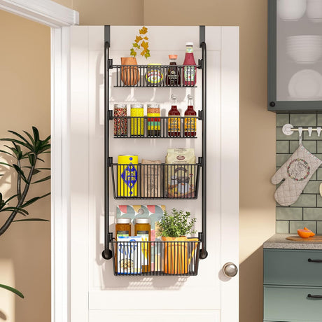 CARLA HOME 4-Tier Over the Door Organizer Heavy-Duty Metal Pantry Rack with Hanging Baskets for Home Kitchen Storage & Bathroom Door Organization