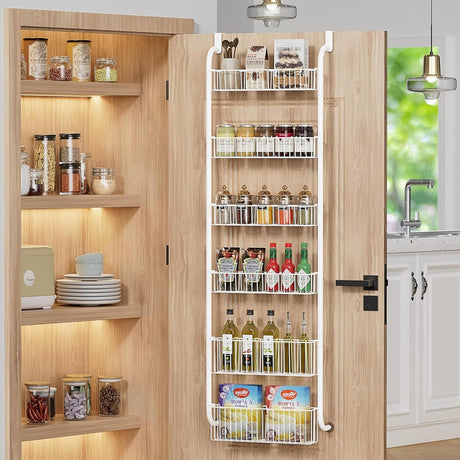 CARLA HOME 6-Tier Over the Door Organizer Heavy-Duty Metal Pantry Rack with Hanging Baskets for Home Kitchen Storage & Bathroom Door Organization (White)