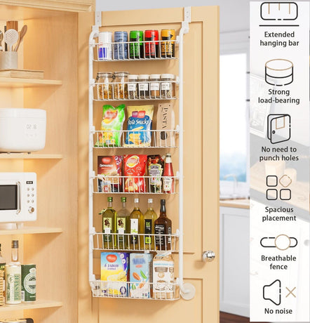 CARLA HOME 6-Tier Over the Door Organizer Heavy-Duty Metal Pantry Rack with Hanging Baskets for Home Kitchen Storage & Bathroom Door Organization (White)