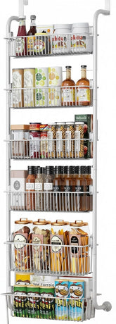 CARLA HOME 6-Tier Over the Door Organizer Heavy-Duty Metal Pantry Rack with Hanging Baskets for Home Kitchen Storage & Bathroom Door Organization (White)