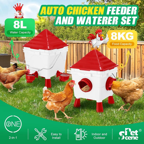 CARLA HOME Chicken Feeder Waterer Set, Automatic Gravity Dispenser with 8KG Food & 8L Water Capacity, 4 Ports & Cups, Clean Poultry Feeding for Coop, Duck, Quail, Hen