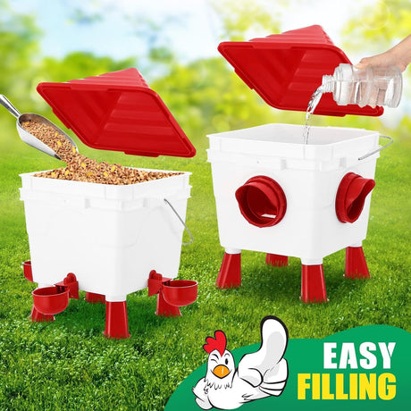 CARLA HOME Chicken Feeder Waterer Set, Automatic Gravity Dispenser with 8KG Food & 8L Water Capacity, 4 Ports & Cups, Clean Poultry Feeding for Coop, Duck, Quail, Hen