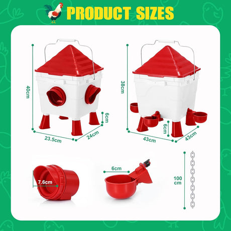 CARLA HOME Chicken Feeder Waterer Set, Automatic Gravity Dispenser with 8KG Food & 8L Water Capacity, 4 Ports & Cups, Clean Poultry Feeding for Coop, Duck, Quail, Hen