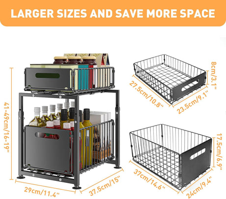 CARLA HOME 2-Tier Under Sink Organizer with Sliding Drawers & Height Adjustable for Kitchen Bathroom Cabinet Organization