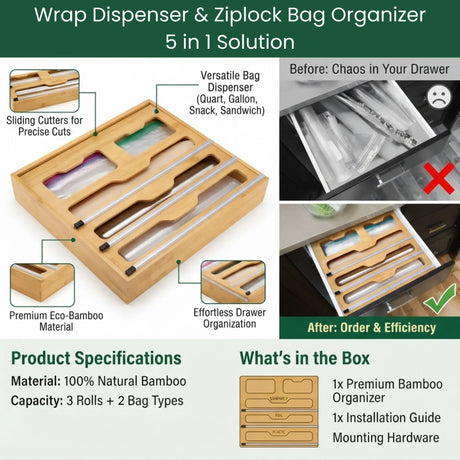 CARLA HOME Bamboo Wrap Organiser, 5 in 1 Dispenser with Cutter for Kitchen