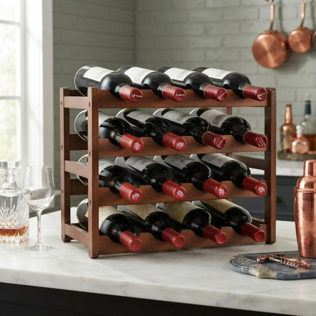 CARLA HOME 4 Tier Wooden Wine Rack, 16 Bottle Storage, Brown