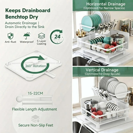 CARLA HOME 2 tier Dish Drying Rack with Drainboard & Utensil Holder for Kitchen (White)