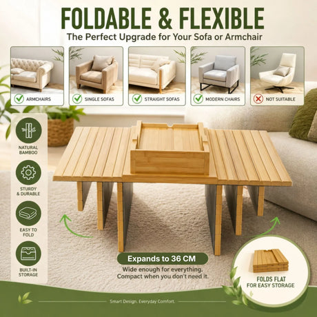 CARLA HOME Bamboo Sofa Armrest Tray, Couch Arm Table, Non-Slip Tray Table