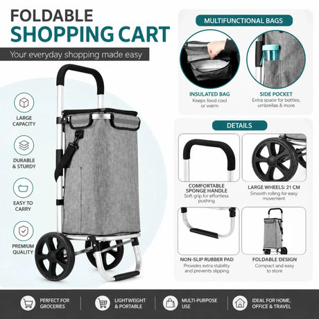 CARLA HOME Foldable Shopping Trolley, Aluminium Cart, 45L, Waterproof, Grey