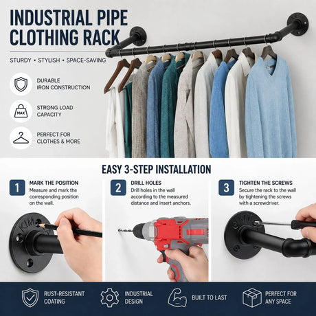 CARLA HOME Industrial Pipe Wall Clothes Rack, 92cm Bar Garment Rack