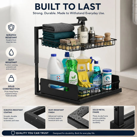 CARLA HOME 2 Tier Under Sink Organiser - Sliding Drawer - Black - Adjustable Under Sink Organiser