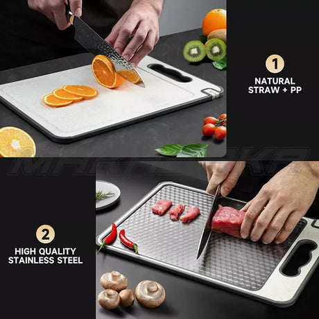 Titanium Double-Sided Cutting Board, 36.5x25cm, Silver, Stainless Steel for Kitchen and Camping