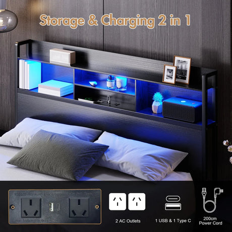 Double Black LED Bed Frame with 2 Storage Drawers and Charging Station