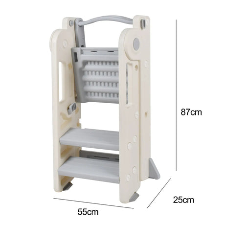 Foldable Kids Step Stool Kitchen Helper Tower in Grey, Adjustable Height, 55x55x79cm