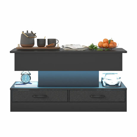 LED Lift Top Coffee Table in Black with 2-Tier Design and Drawers for Living Room