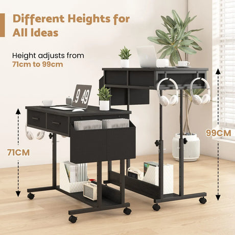 Small Portable Black Rolling Standing Desk with Wheels 80 x 48cm
