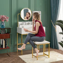 Dressing Table Stool Set in White & Gold with LED Lights and Charging Station