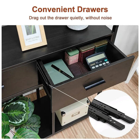 Metal Bookcase With Drawers, Dark Walnut & Black, 90x30x180cm, 6 Shelves