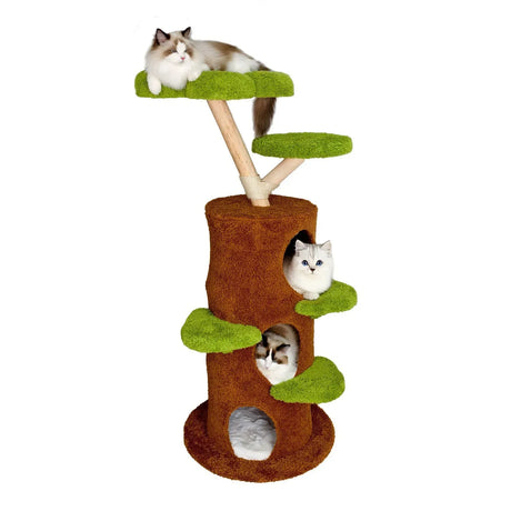 Large Multi-Level Cat Tree Tower in Green & Brown with Plush and Wood Design, 61x148cm