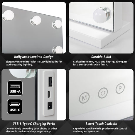 Beauty Mirror with 18 LED Bulbs, Colour Settings, White Frame,  and USB A and C Ports