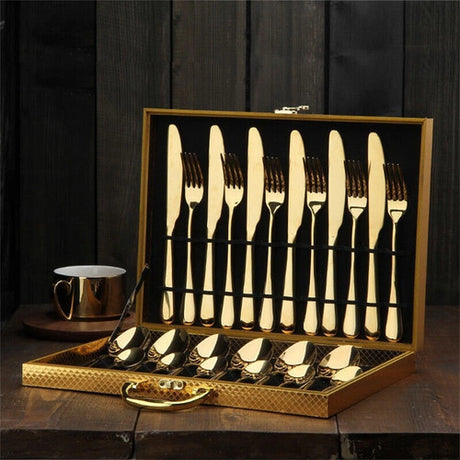 24pc Elegant Stainless Steel Gold Flatware Set Classic Knife Fork Spoon Gift Set